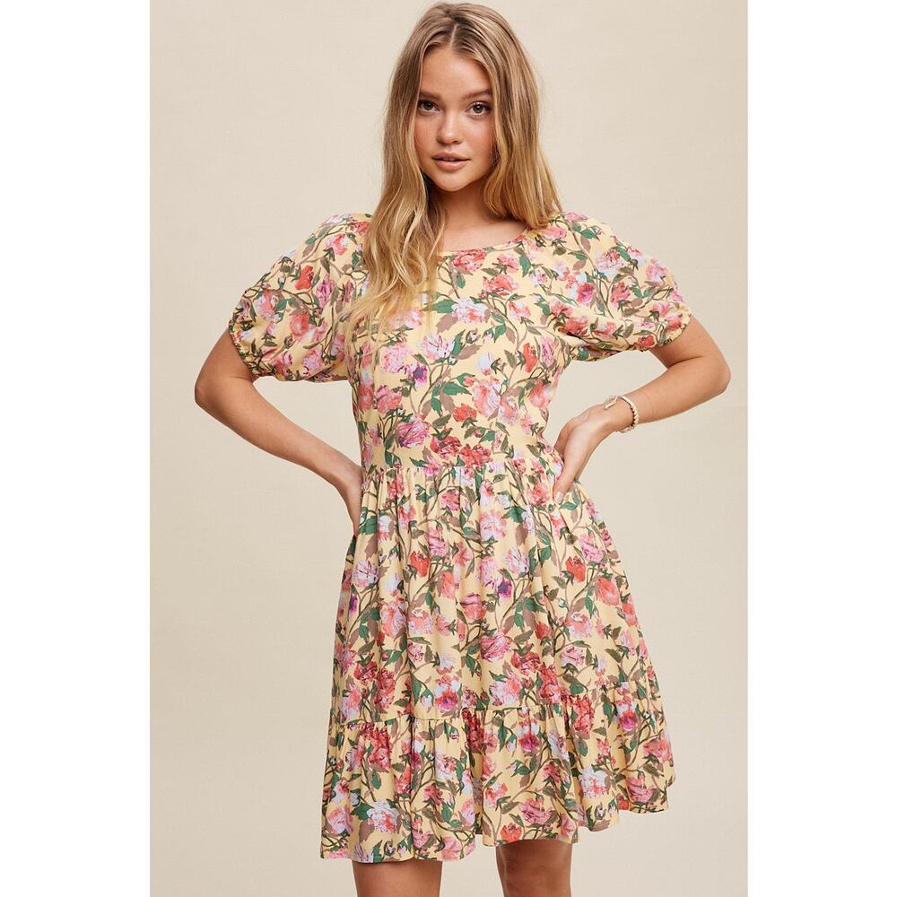 Listicle Butter Yellow Floral Puff Sleeve Tie Back Mini Dress Medium Cottagecore